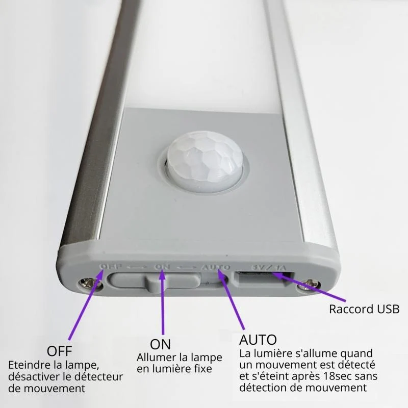 Réglette LED Rechargeable USB 24cm IP40 avec Détecteur de mouvement