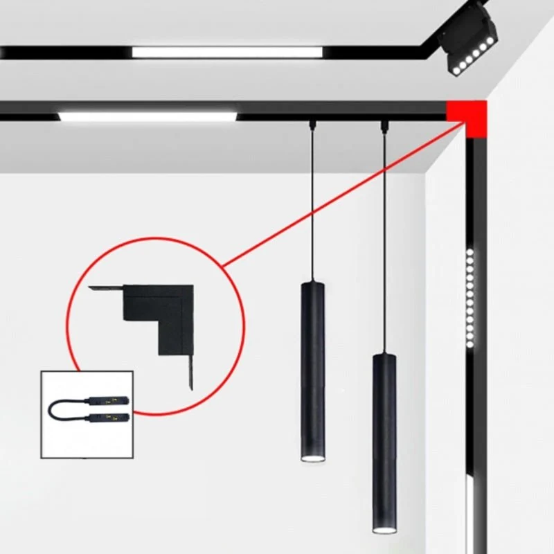 Connecteur Angle Rentrant pour Rail Magnétique en Saillie Noir + Connecteur Souple