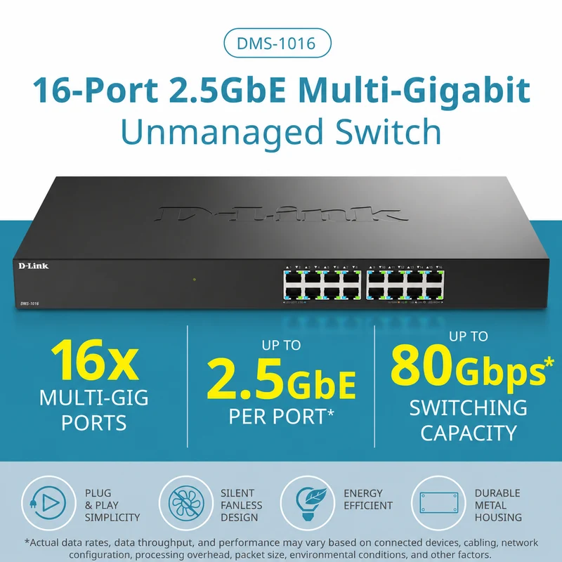 D-Link 16-Port 2.5GbE Multi-Gigabit Unmanaged Ethernet Switch - DMS-1016
