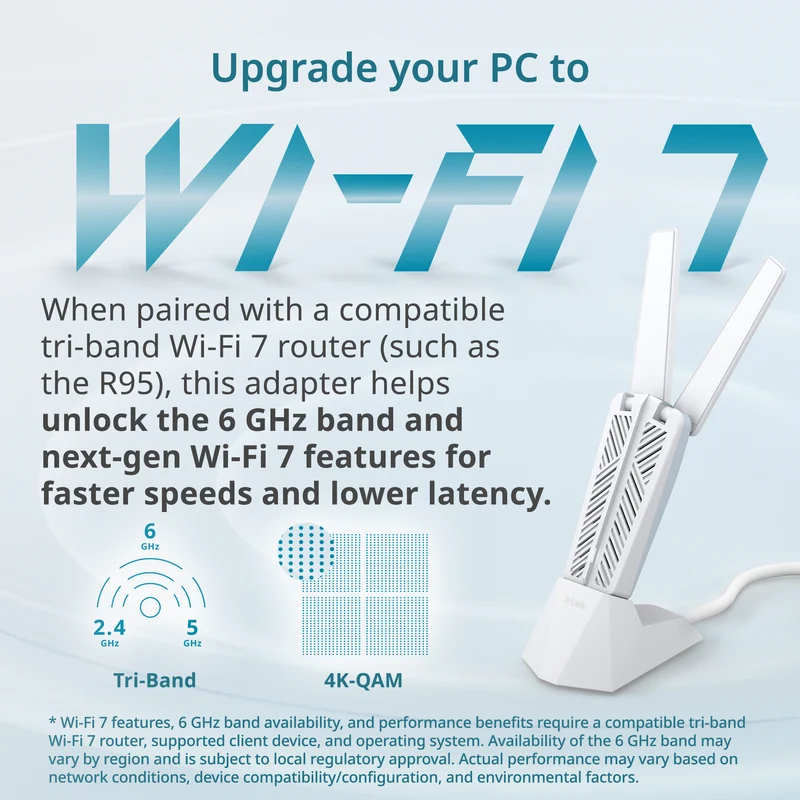 D-Link BE6500 Tri-Band Wi-Fi 7 Wireless USB 3.0 Adapter (AE65U) for Desktop or Laptop PC