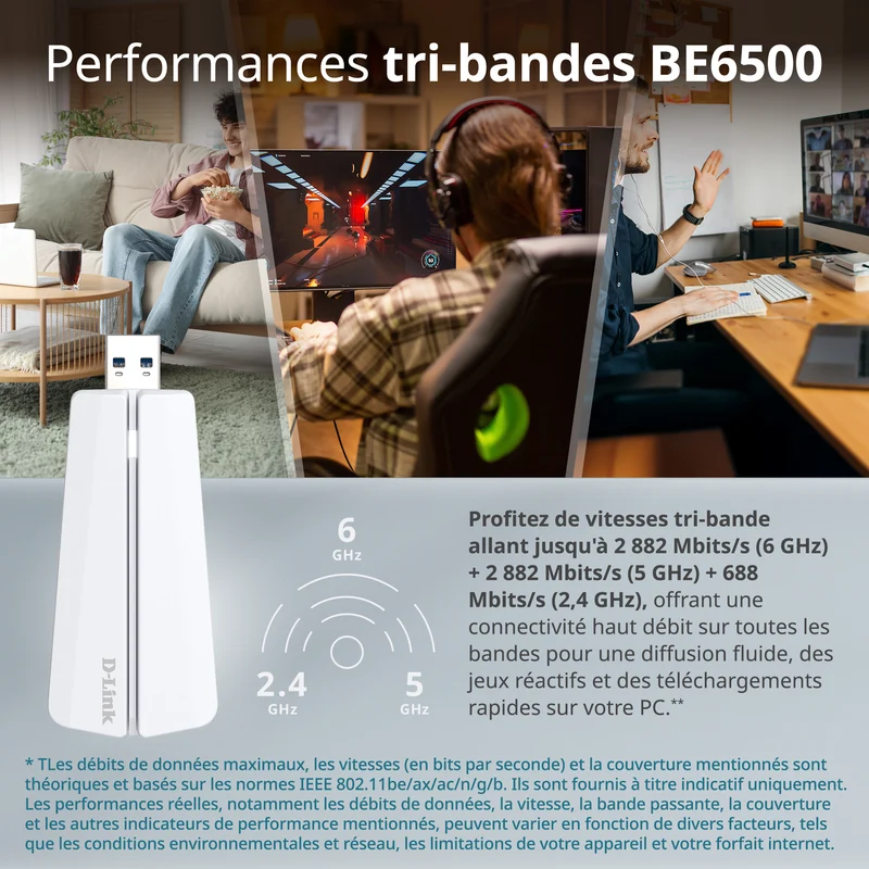D-Link BE6500 Tri-Band Wi-Fi 7 Wireless USB 3.0 Adapter (AE65U) for Desktop or Laptop PC