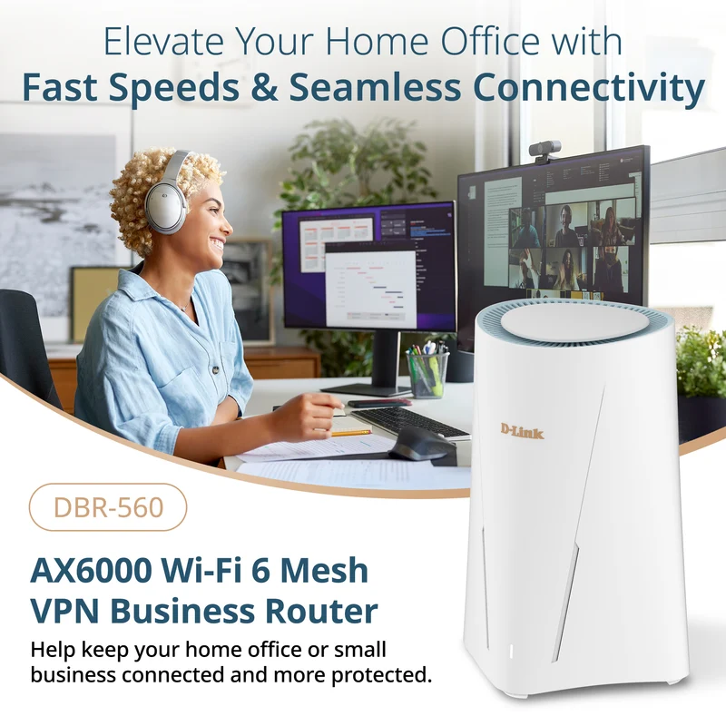 D-Link AX6000 Wi-Fi 6 Mesh VPN Business Router (DBR-560), 2.5 Gbps WAN, Enterprise-Grade Security Features, VPN, SPI Firewall, Mesh Expandable, USB-C File Sharing, Hybrid or Remote Work ready