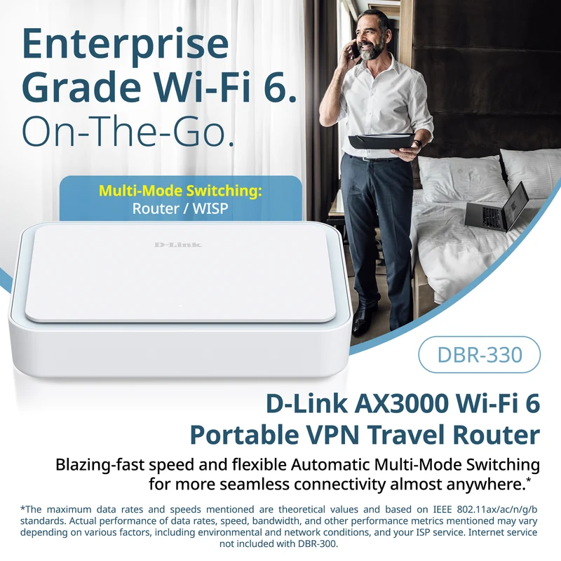 D-Link AX3000 Wi-Fi 6 Portable VPN Travel Router (DBR-330), Multi-WAN, Business-Grade Security, VPN, SPI Firewall, File Sharing, Compact WiFi Hotspot for Public WiFi Sharing, Remote Work, RV, Hotel