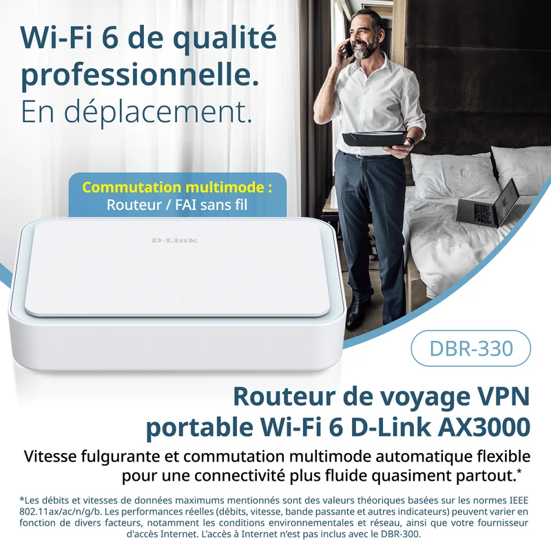 D-Link AX3000 Wi-Fi 6 Portable VPN Travel Router (DBR-330), Multi-WAN, Business-Grade Security, VPN, SPI Firewall, File Sharing, Compact WiFi Hotspot for Public WiFi Sharing, Remote Work, RV, Hotel