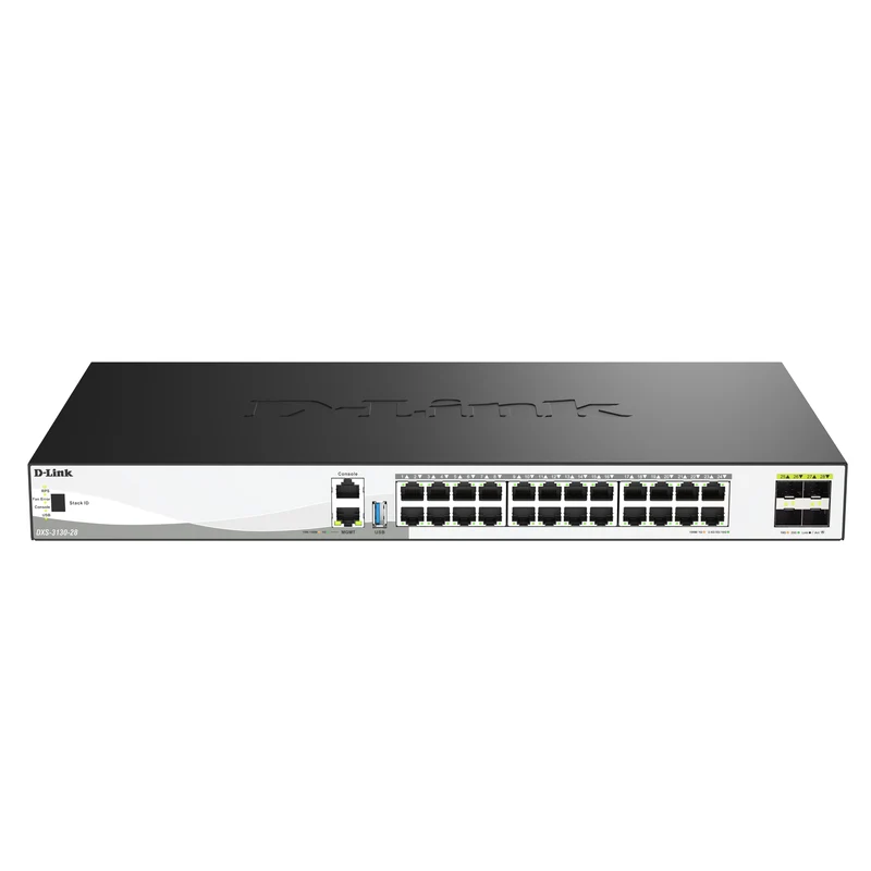 D-Link 28-Port 10GbE Multi-Gig Layer 3 Stackable Managed Ethernet Switch (DXS-3130-28) 24-Port 10GE Ports, 4×25GbE SFP28 Uplinks, 9-Unit/200Gbps Stacking, Surge Protection, Rack-Mountable, Follows NDAA/TAA, Lifetime Warranty
