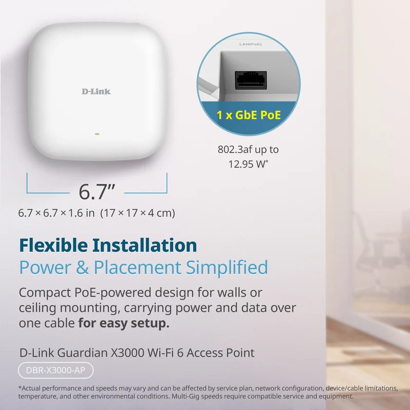 D-Link Guardian X3000 Wi-Fi 6 AX3000 Access Point (DBR-X3000-AP) PoE Powered, Supports Mesh, WPA3, VLANs, Guest Wi-Fi, Centralized Management by D-Link Guardian Routers