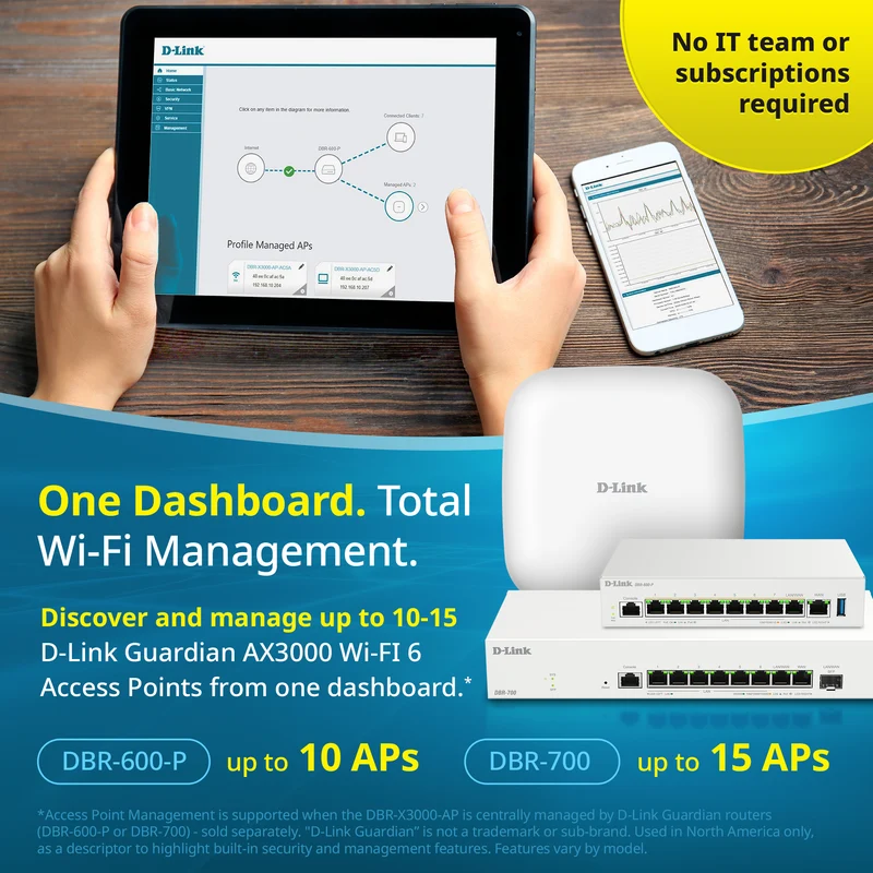 D-Link Guardian X3000 Wi-Fi 6 AX3000 Access Point (DBR-X3000-AP) PoE Powered, Supports Mesh, WPA3, VLANs, Guest Wi-Fi, Centralized Management by D-Link Guardian Routers