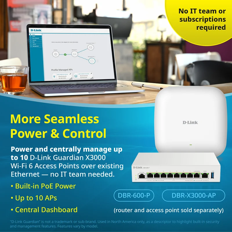 D-Link Guardian X3000 Wi-Fi 6 AX3000 Access Point (DBR-X3000-AP) PoE Powered, Supports Mesh, WPA3, VLANs, Guest Wi-Fi, Centralized Management by D-Link Guardian Routers