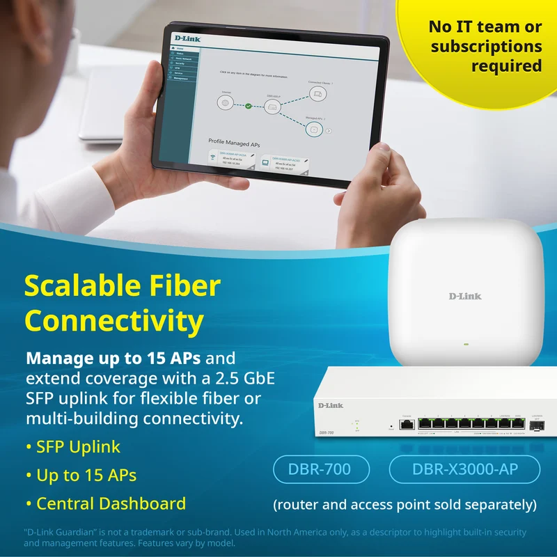 D-Link Guardian 700 Pro Multi-Gig Router with SFP (DBR-700), Premium Router with Multi-WAN Failover, SPI Firewall, 8x 2.5GbE LAN with SFP, VPN, and Centralized Access Point Management (up to 15 APs)