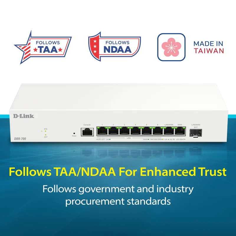 D-Link Guardian 700 Pro Multi-Gig Router with SFP (DBR-700), Premium Router with Multi-WAN Failover, SPI Firewall, 8x 2.5GbE LAN with SFP, VPN, and Centralized Access Point Management (up to 15 APs)