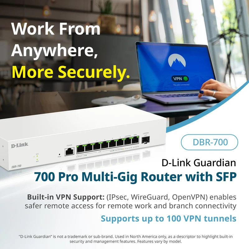 D-Link Guardian 700 Pro Multi-Gig Router with SFP (DBR-700), Premium Router with Multi-WAN Failover, SPI Firewall, 8x 2.5GbE LAN with SFP, VPN, and Centralized Access Point Management (up to 15 APs)