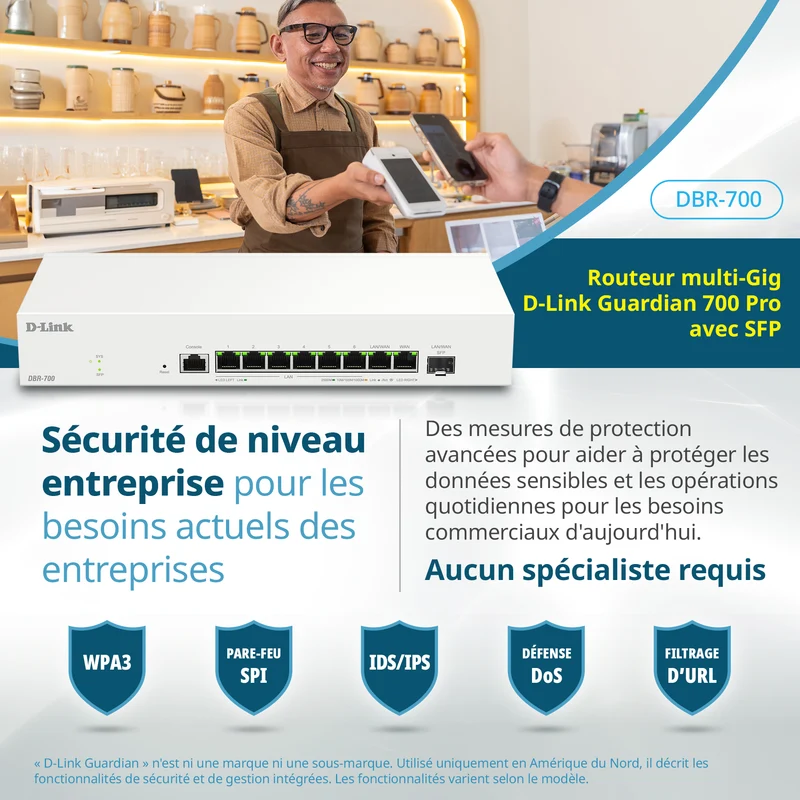 D-Link Guardian 700 Pro Multi-Gig Router with SFP (DBR-700), Premium Router with Multi-WAN Failover, SPI Firewall, 8x 2.5GbE LAN with SFP, VPN, and Centralized Access Point Management (up to 15 APs)