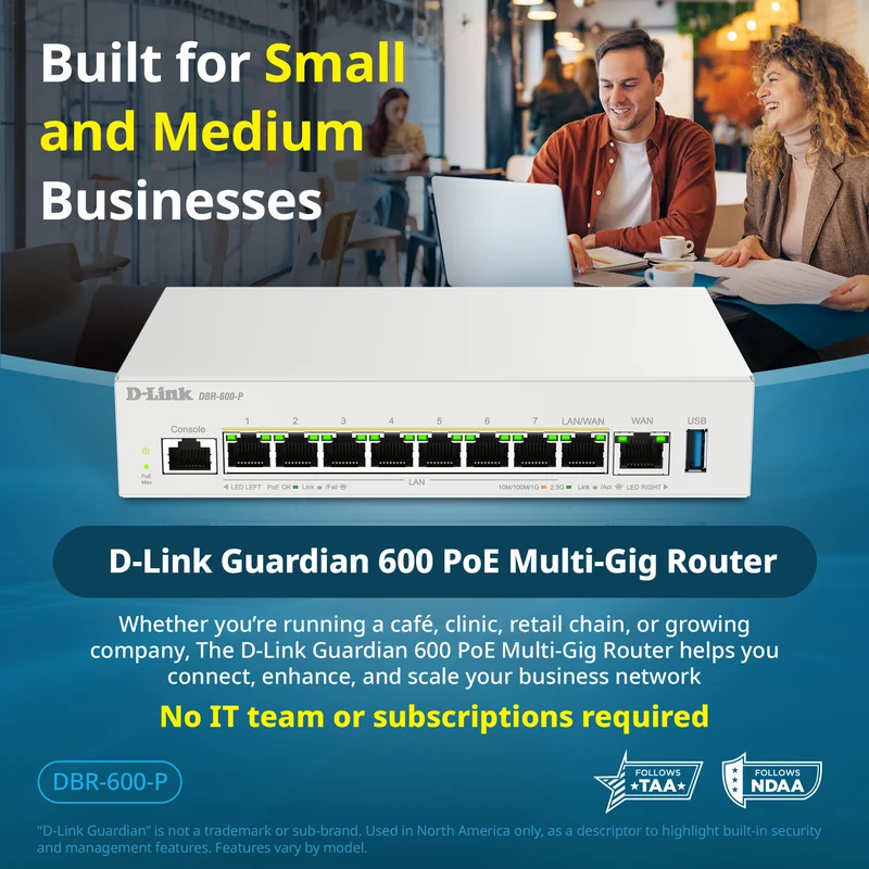 D-Link Guardian 600 PoE Multi-Gig Router (DBR-600-P) Premium Router with Multi-WAN Failover, SPI Firewall, 8x 2.5GbE PoE+ LAN, VPN, and Access Point Management (up to 10 APs)