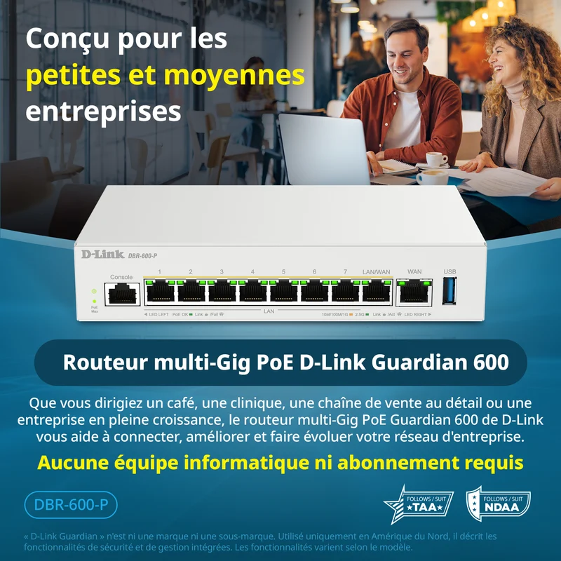 D-Link Guardian 600 PoE Multi-Gig Router (DBR-600-P) Premium Router with Multi-WAN Failover, SPI Firewall, 8x 2.5GbE PoE+ LAN, VPN, and Access Point Management (up to 10 APs)