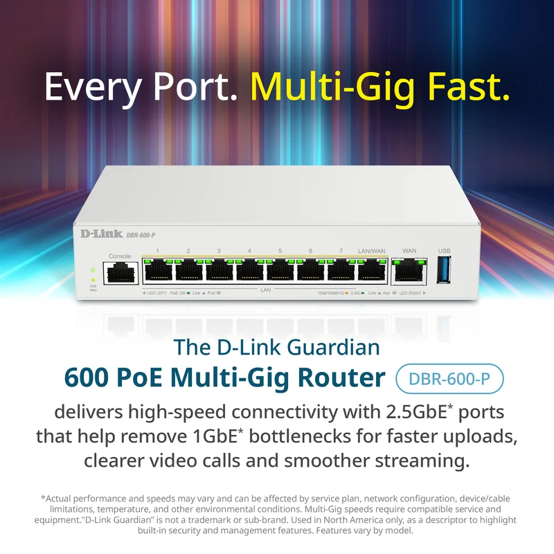 D-Link Guardian 600 PoE Multi-Gig Router (DBR-600-P) Premium Router with Multi-WAN Failover, SPI Firewall, 8x 2.5GbE PoE+ LAN, VPN, and Access Point Management (up to 10 APs)