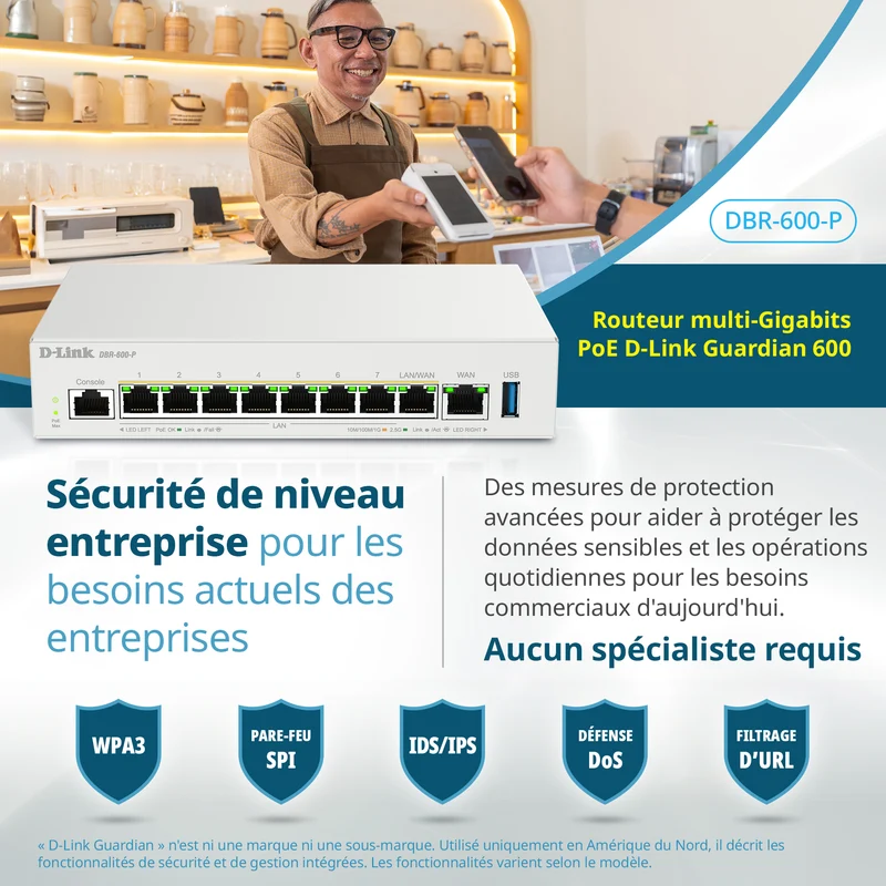 D-Link Guardian 600 PoE Multi-Gig Router (DBR-600-P) Premium Router with Multi-WAN Failover, SPI Firewall, 8x 2.5GbE PoE+ LAN, VPN, and Access Point Management (up to 10 APs)