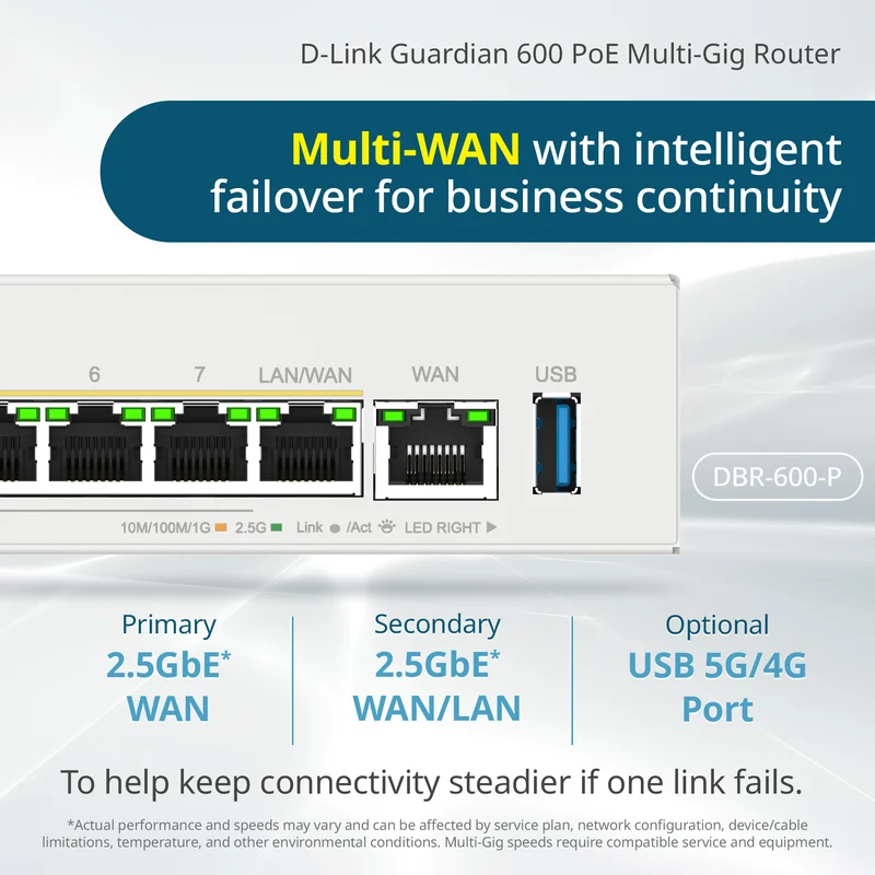 D-Link Guardian 600 PoE Multi-Gig Router (DBR-600-P) Premium Router with Multi-WAN Failover, SPI Firewall, 8x 2.5GbE PoE+ LAN, VPN, and Access Point Management (up to 10 APs)