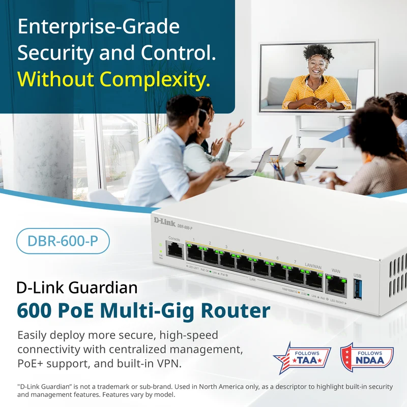 D-Link Guardian 600 PoE Multi-Gig Router (DBR-600-P) Premium Router with Multi-WAN Failover, SPI Firewall, 8x 2.5GbE PoE+ LAN, VPN, and Access Point Management (up to 10 APs)