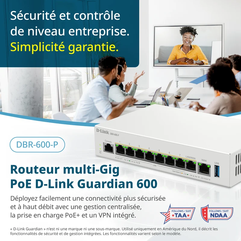 D-Link Guardian 600 PoE Multi-Gig Router (DBR-600-P) Premium Router with Multi-WAN Failover, SPI Firewall, 8x 2.5GbE PoE+ LAN, VPN, and Access Point Management (up to 10 APs)