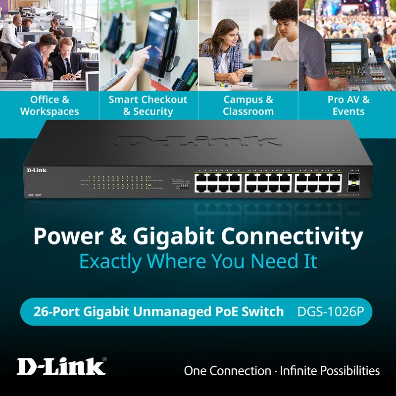24-Port Gigabit PoE+ Unmanaged Switch with 2 SFP Ports - DGS-1026P