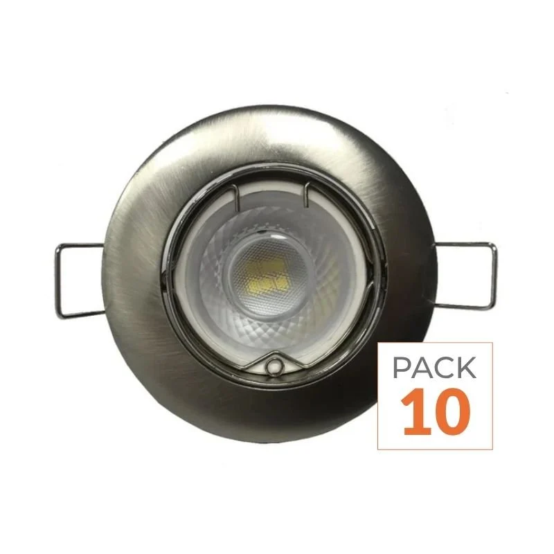 Kit Spot LED GU10 Encastrable Orientable 8W Rond Inox - Pack de 10