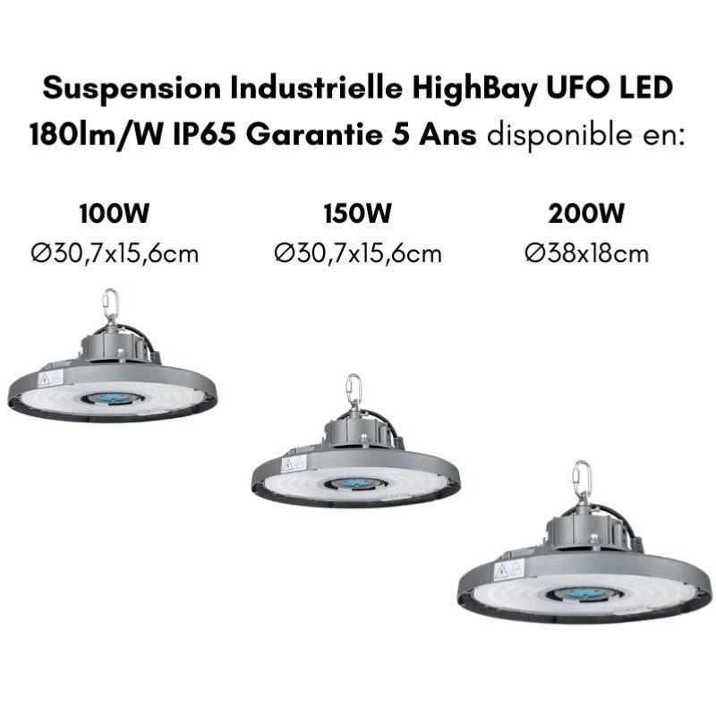 Suspension Industrielle 200W HighBay UFO Haut Rendement 180lm/W IP65 Garantie 5 Ans