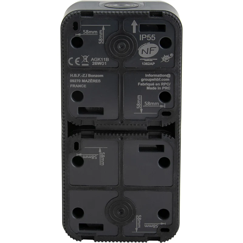 Prise type E IP55 - 2P+T 16A + va et vient - bornes auto - saillie - gamme Granite - Protec