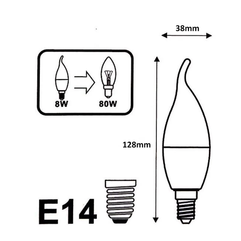 Ampoule LED E14 Flamme 8W 220V Ø38mm - Pack de 10
