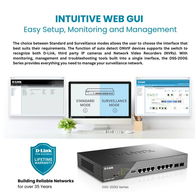 D-Link 8-Port Gigabit PoE+ Smart Managed Switch with 2 SFP Ports - DSS-200G-10MP