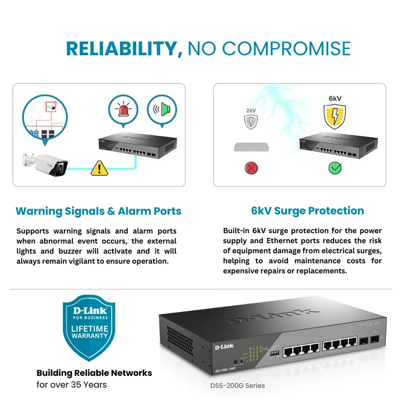 D-Link 8-Port Gigabit PoE+ Smart Managed Switch with 2 SFP Ports - DSS-200G-10MP