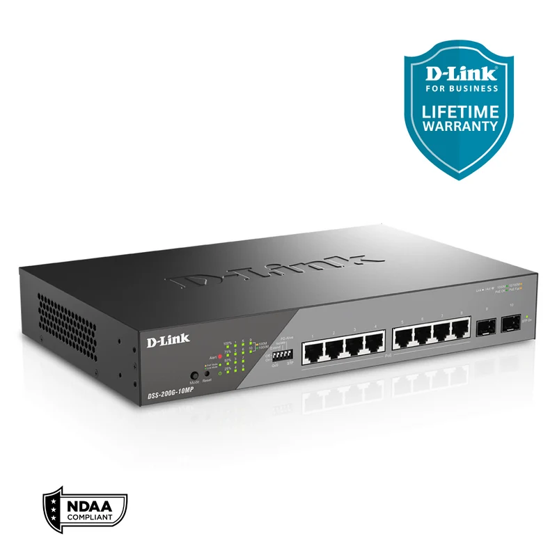 D-Link 8-Port Gigabit PoE+ Smart Managed Switch with 2 SFP Ports - DSS-200G-10MP