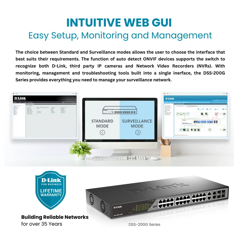 D-Link 24-Port Gigabit Poe+ Smart Managed Switch with 4 Combo SFP Ports - DSS-200G-28MP