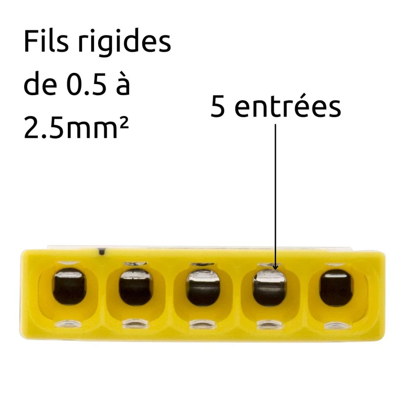 Lot de 50 bornes S2273 - Connexion rapide - 5 conducteurs - fils rigides 2,5mm² - Jaune - Wago