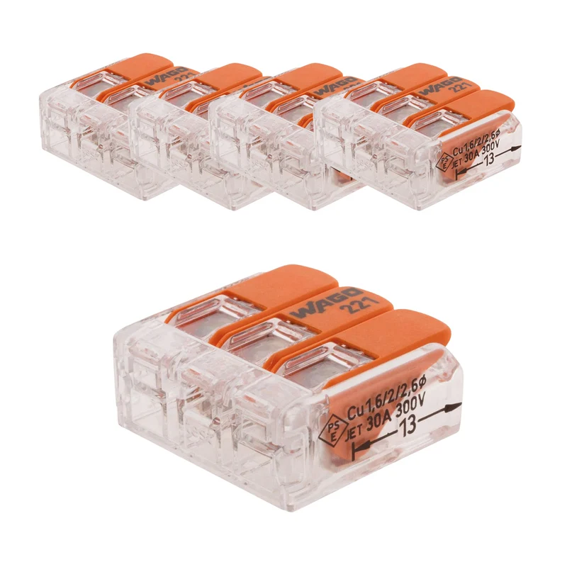 Lot de 3/5 bornes de raccordement S221 - 2/3/5 conducteurs leviers 6mm² - Wago