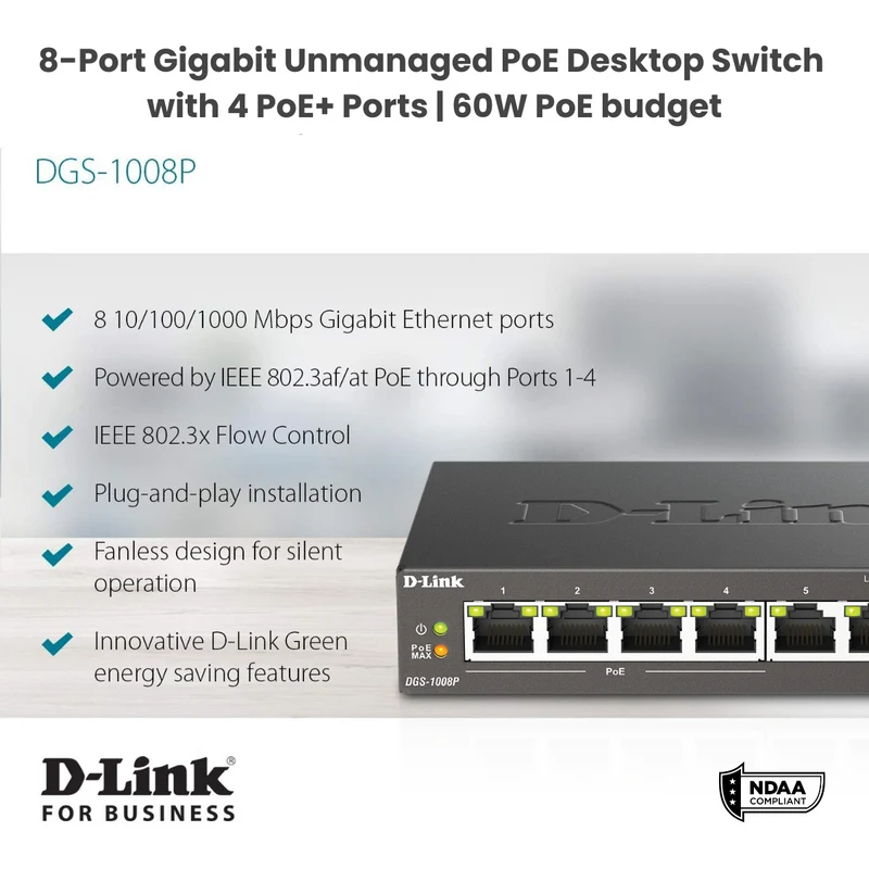 8-Port Desktop Gigabit PoE+ Switch - DGS-1008P