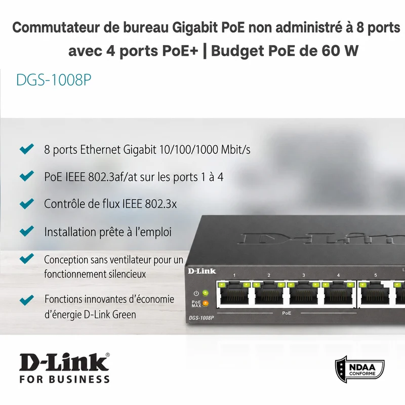 8-Port Desktop Gigabit PoE+ Switch - DGS-1008P