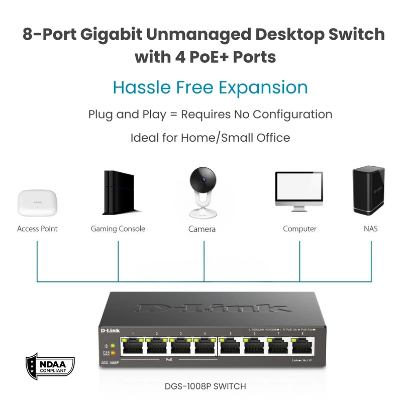 8-Port Desktop Gigabit PoE+ Switch - DGS-1008P