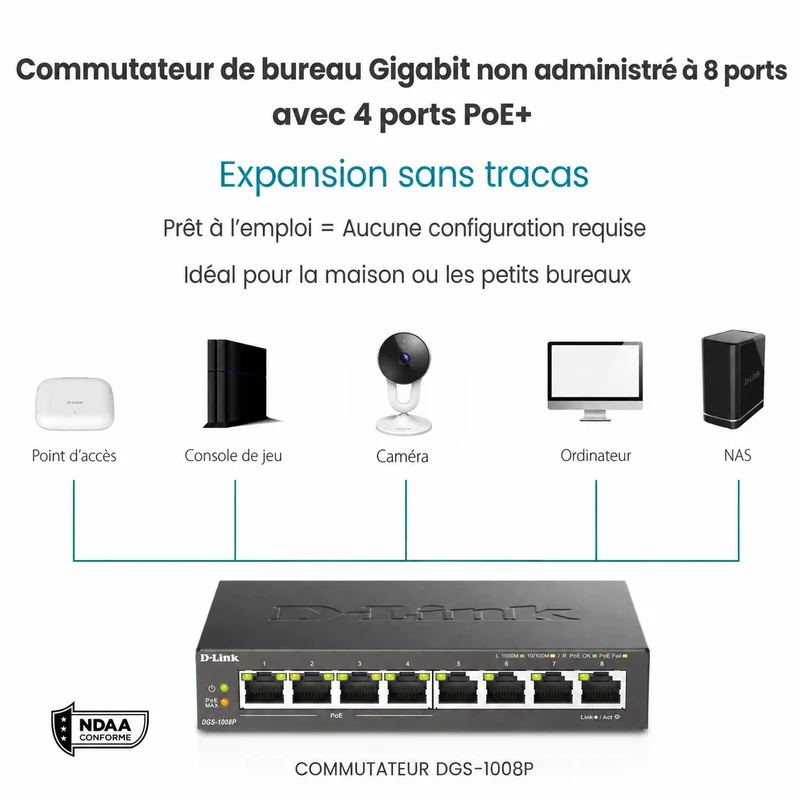 8-Port Desktop Gigabit PoE+ Switch - DGS-1008P