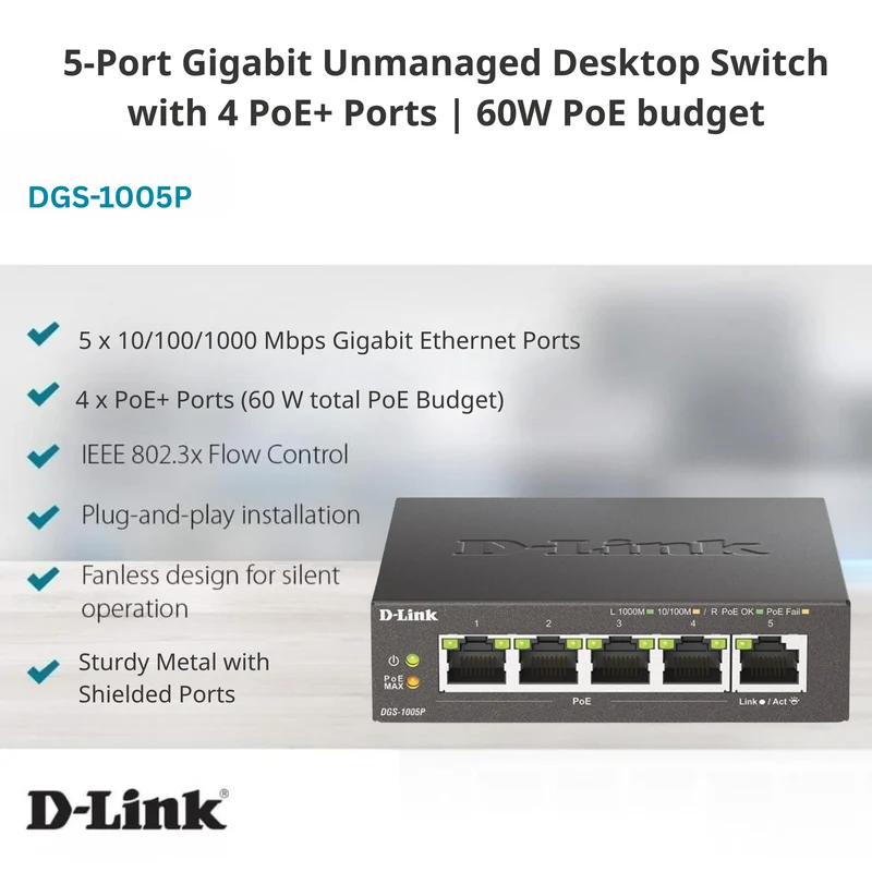 5-Port Desktop Gigabit PoE+ Switch - DGS-1005P