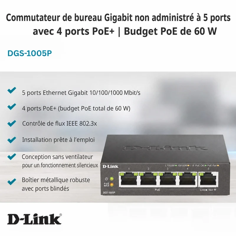 5-Port Desktop Gigabit PoE+ Switch - DGS-1005P