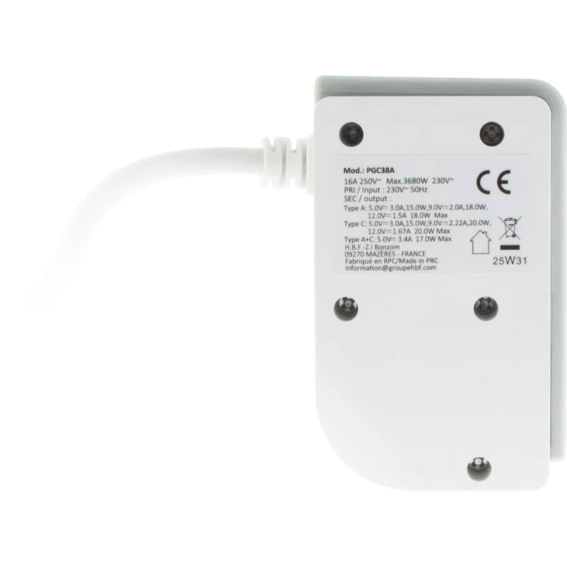 Bloc multiprise Gekko XS clipsable 2 USB A+C 20W 1.5m blanc - Otio