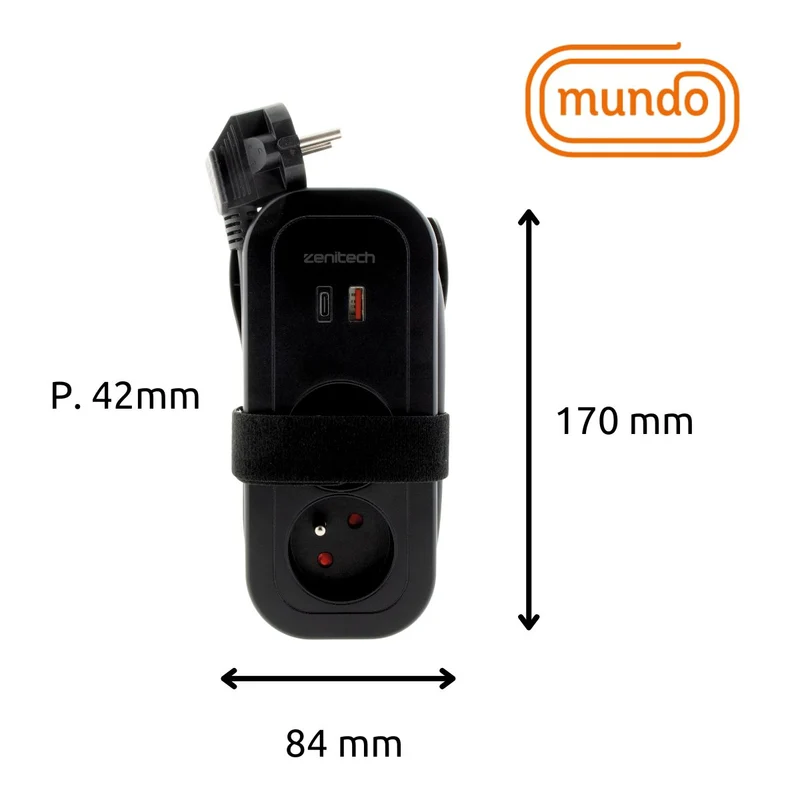 Bloc multiprise nomade 4 prises dont 2 USB - Noir - Mundo - Zenitech