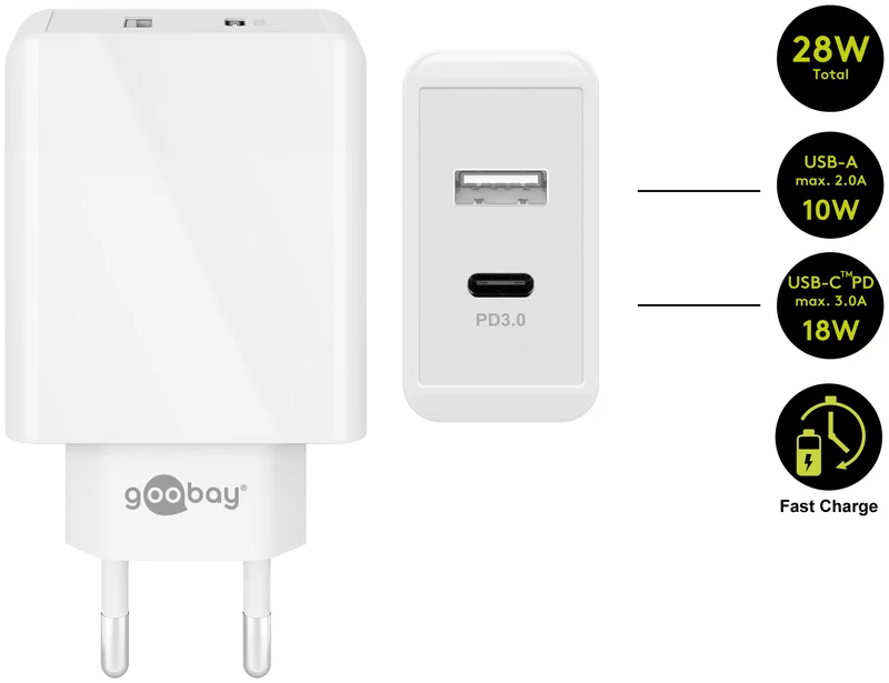 Double chargeur rapide USB-A +C 28W - Goobay