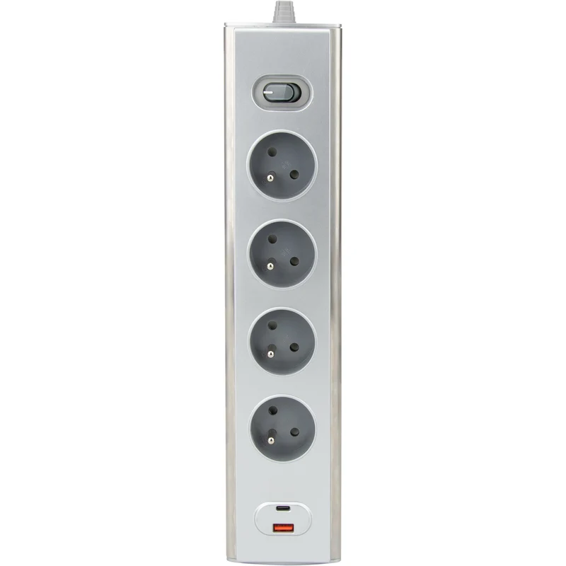 Bloc multiprise d'angle 4x16A + 2 USB A + C 20W + interrupteur - Inox - Otio