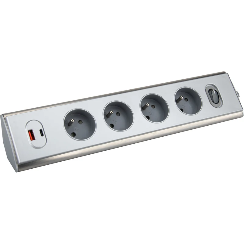 Bloc multiprise d'angle 4x16A + 2 USB A + C 20W + interrupteur - Inox - Otio