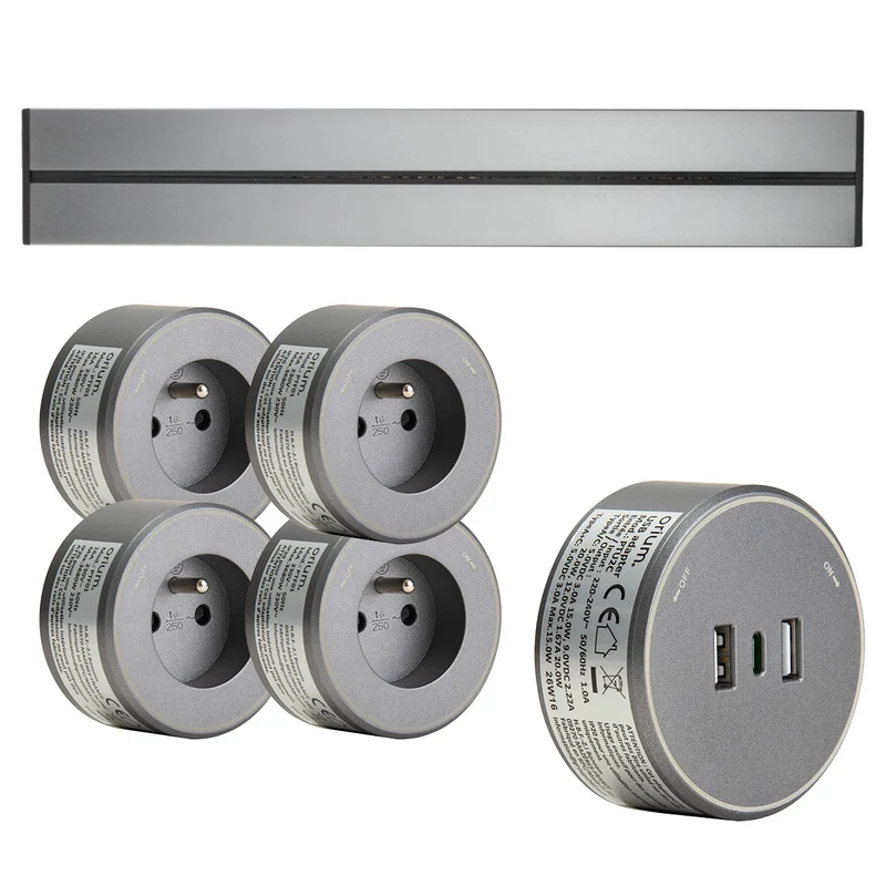 Rail électrique saillie 100cm + 4 prises + 1 module USB - argent - Orium
