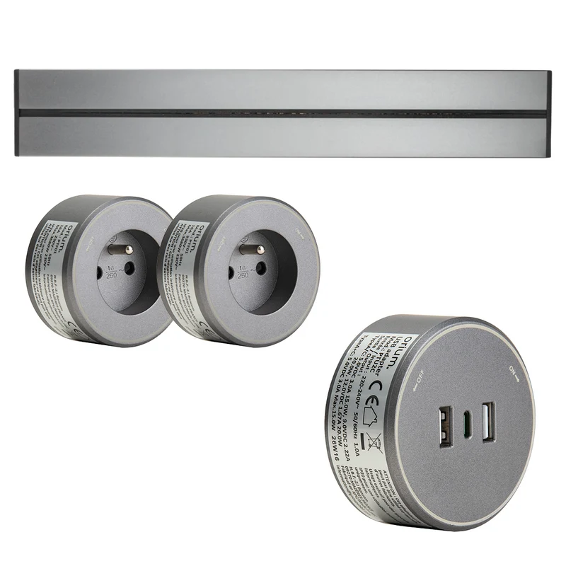 Rail électrique saillie 50cm + 2 prises + 1 module USB - argent - Orium