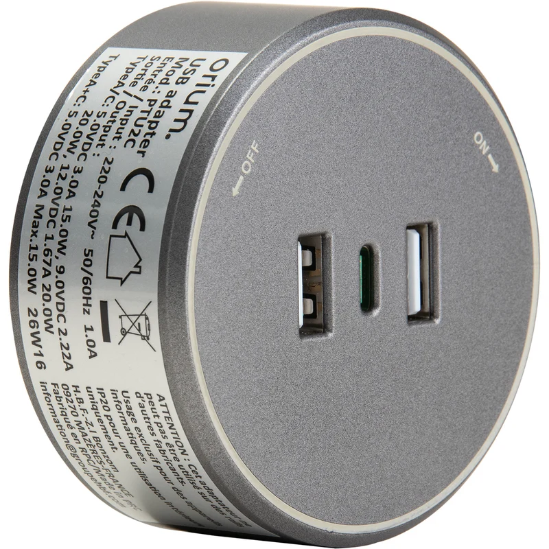 Rail électrique saillie 50cm + 2 prises + 1 module USB - argent - Orium