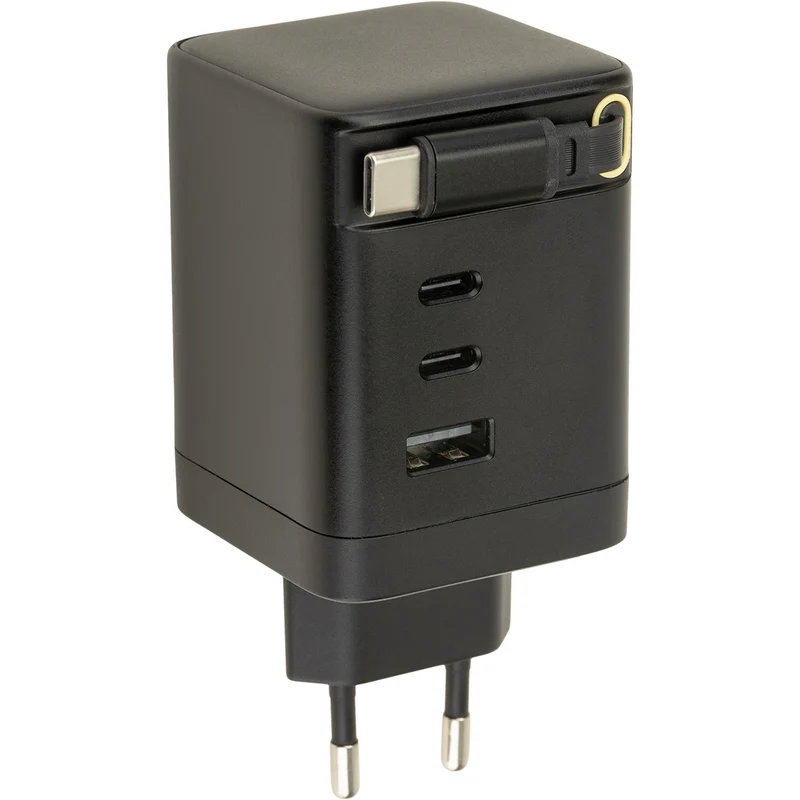Chargeur secteur 1 x USB-A 2 x USB-C + câble rétractable 70cm - Watt and Co
