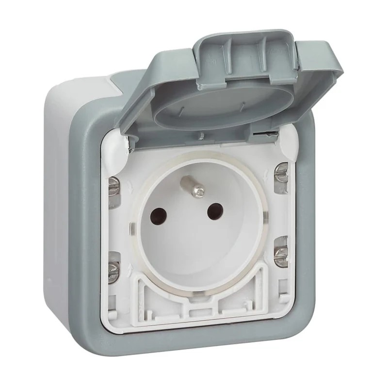 Prise étanche ouv auto + clapet protection IP55 complet saillie - Plexo - gris - Legrand